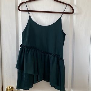 R O & D E emerald green asymmetrical ruffled spaghetti strap blouse